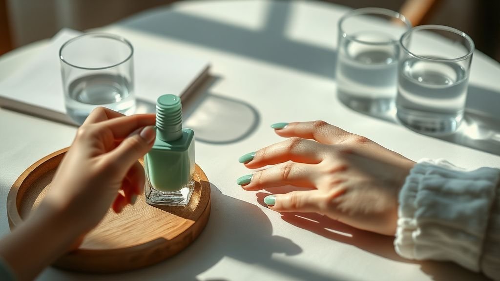 Vernis pistache : la couleur de manucure star de l’été 2 Main appliquant un vernis vert pistache sur des ongles courts dans une ambiance naturelle et apaisante