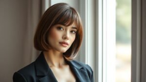 Femme au carré souple avec frange rideau et reflets caramel dans une lumière naturelle douce