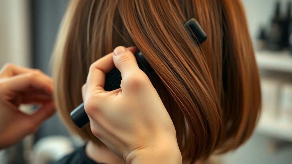 Mains d’un coiffeur coiffant un bob souple avec brosse ronde sous une lumière naturelle