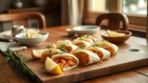 Wrap apéro sans gluten au saumon, frais et élégant 2 Wrap apéro sans gluten au saumon et herbes fraîches posé sur une table en bois avec citron et linge naturel