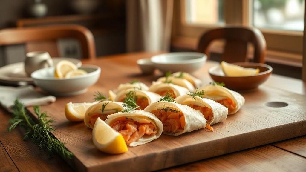 Wrap apéro sans gluten au saumon et herbes fraîches posé sur une table en bois avec citron et linge naturel