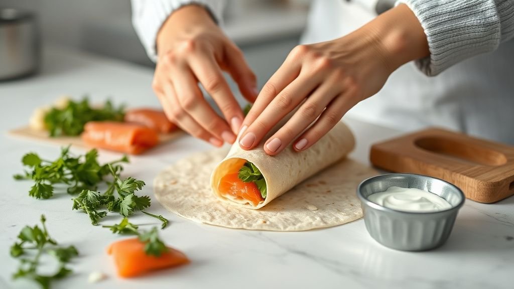 Mains en train de rouler un wrap sans gluten au saumon avec herbes fraîches sur un plan de travail lumineux