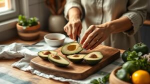 Avocat et peau mature : le fruit crémeux à adopter 1 Mains coupant un avocat mûr sur une planche en bois dans une cuisine lumineuse