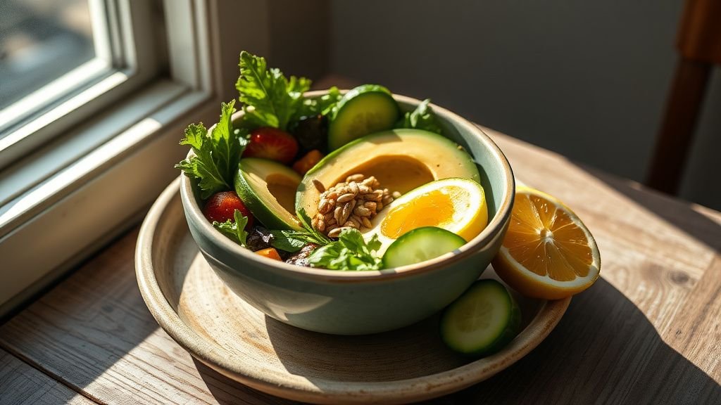 Bol maison avec avocat, légumes frais et graines sur une table rustique sous lumière naturelle