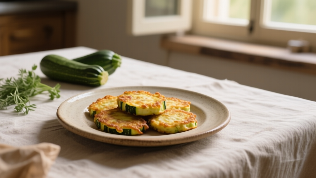 Beignets de courgette sans gluten à la poêle, dorés et légers 1 Beignets de courgette dorés servis sur une assiette rustique avec herbes fraîches