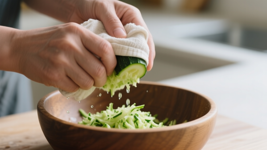 Beignets de courgette sans gluten à la poêle, dorés et légers 2 Mains essorant de la courgette râpée dans un torchon au-dessus d’un saladier