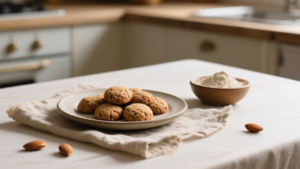 Biscuits au sarrasin et amandes posés sur un linge en lin avec des amandes entières