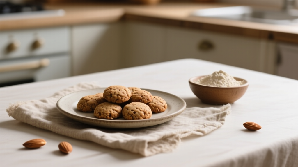 Biscuits au sarrasin et amandes posés sur un linge en lin avec des amandes entières