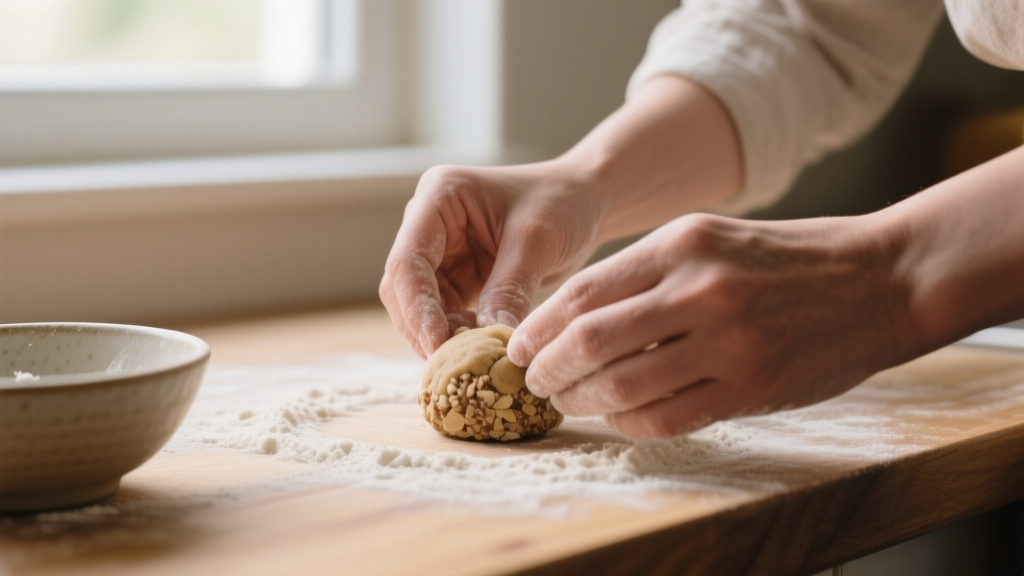 Mains façonnant une pâte de biscuits au sarrasin sur un plan de travail en bois
