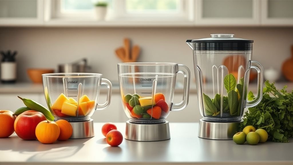 Trois bols de blender en verre, inox et plastique sur un plan de travail avec des fruits frais