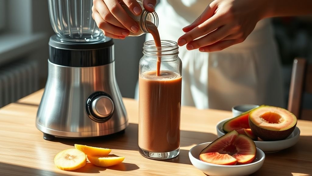 Mains versant un smoothie près d’un blender en inox et de fruits coupés sur une table en bois