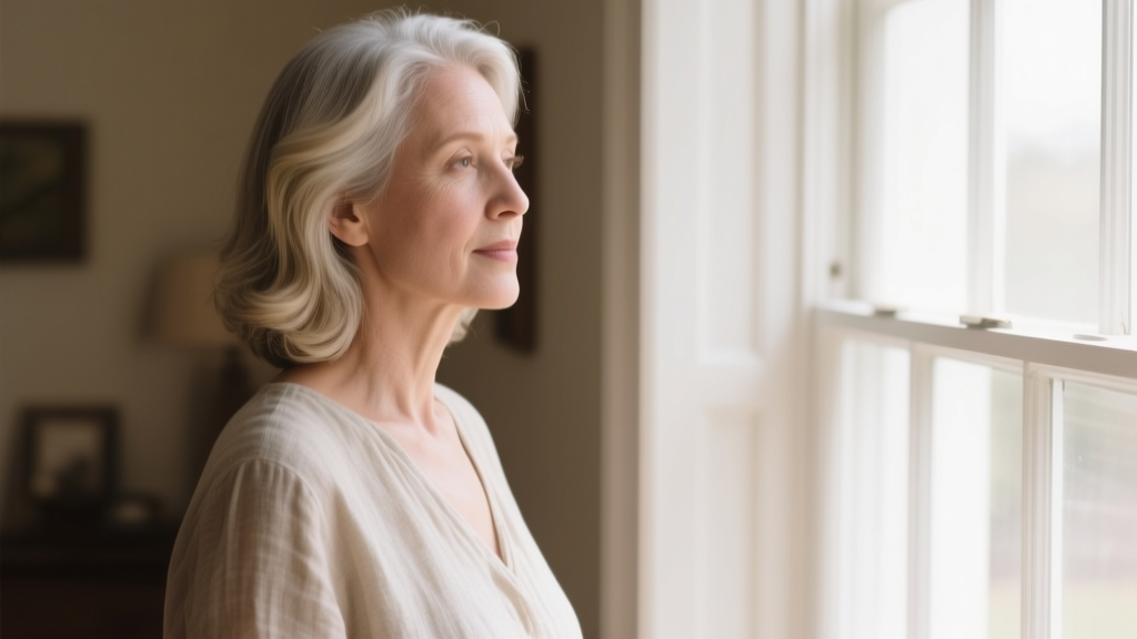 Blond argent : la coloration lumineuse qui revient après 60 ans 1 Femme aux cheveux blond argent lumineux près d’une fenêtre, dans une ambiance douce et naturelle