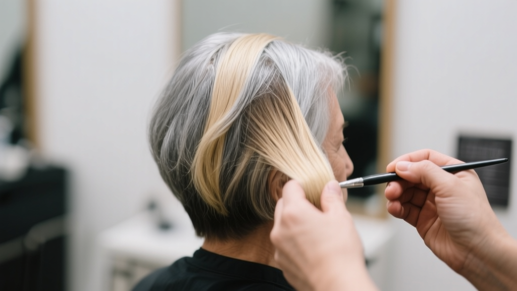 Blond argent : la coloration lumineuse qui revient après 60 ans 2 Coloriste appliquant des mèches blond argent sur des cheveux matures dans un salon lumineux