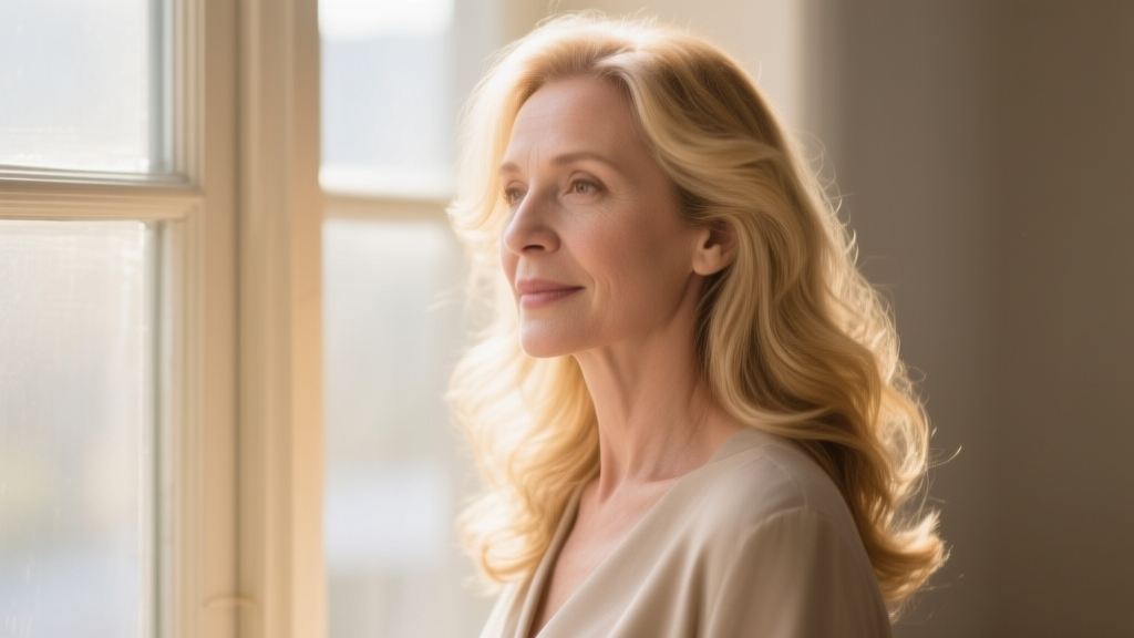 Blond mature : la nuance lumineuse qui flatte après 55 ans 1 Femme aux longs cheveux blonds nuancés, éclairés par une lumière naturelle douce, ambiance élégante et apaisée