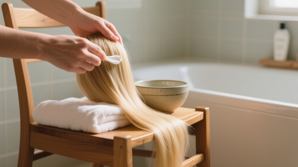 Blond mature : la nuance lumineuse qui flatte après 55 ans 2 Mains appliquant un soin nourrissant sur de longs cheveux blonds dans une salle de bain lumineuse et apaisée