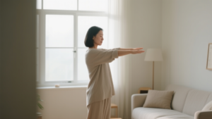 Femme faisant une routine douce pour les bras près d’une fenêtre dans un intérieur lumineux