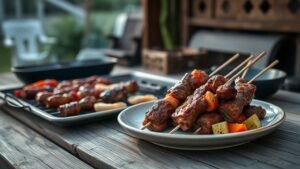Brochettes de canard miel-gingembre au barbecue faciles 2 Brochettes de canard au barbecue servies sur une assiette avec légumes grillés en lumière naturelle