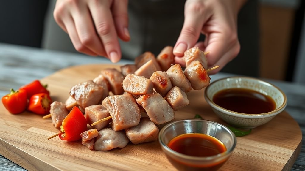 Brochettes de canard miel-gingembre au barbecue faciles 2 Mains préparant des brochettes de canard avec poivron, oignon et marinade sur un plan de travail en bois