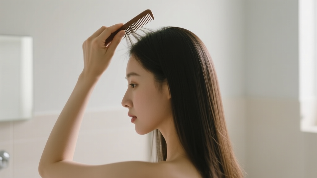 Femme coiffant des cheveux fins à la racine avec un peigne fin dans une salle de bain lumineuse