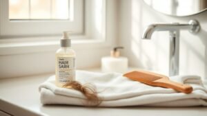 Chute de cheveux : l’ingrédient clé à repérer vraiment 1 Flacon de soin capillaire, peigne en bois et serviette en lin dans une salle de bain lumineuse
