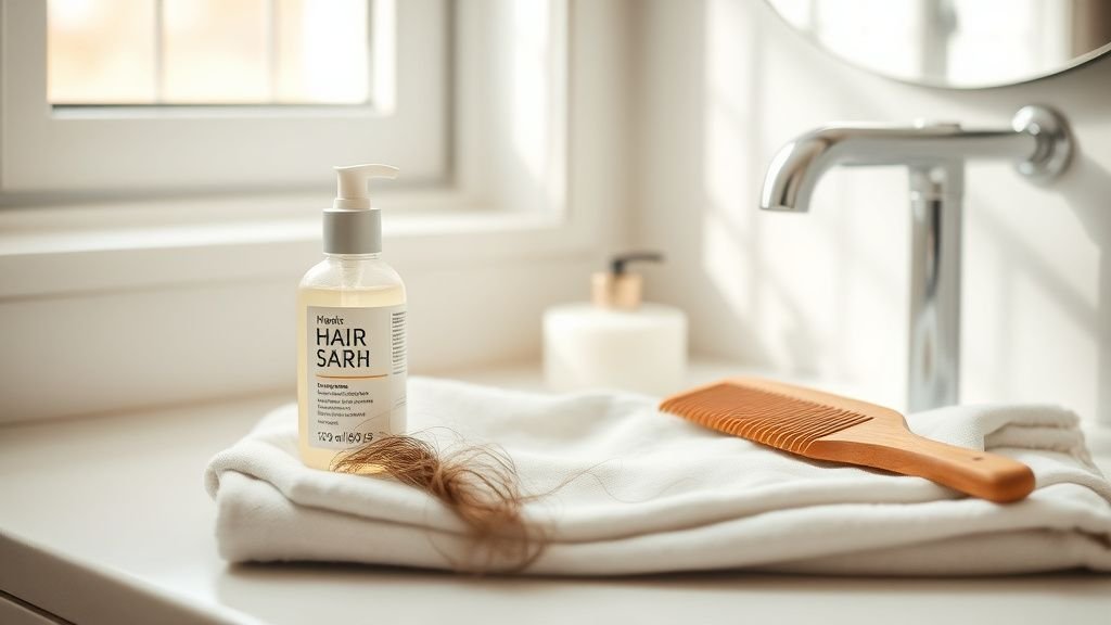 Flacon de soin capillaire, peigne en bois et serviette en lin dans une salle de bain lumineuse