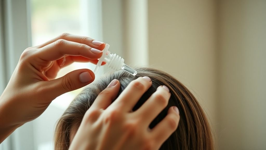 Mains appliquant un soin sur le cuir chevelu dans une lumière naturelle douce