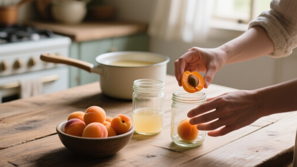 Mains plaçant des oreillons d'abricots dans des bocaux en verre sur une table en bois, lumière naturelle douce