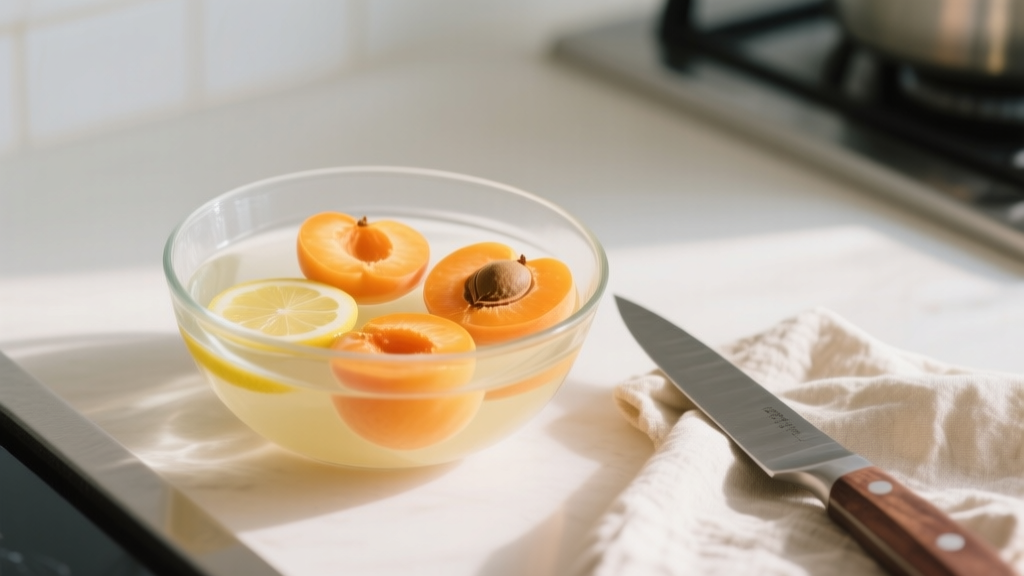 Oreillons d'abricots dans un bain citronné près d'un couteau et d'un torchon en lin