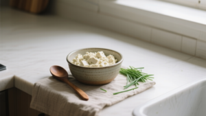 Cottage cheese vegan maison : la version simple et protéinée 1 Bol de cottage cheese vegan maison avec ciboulette sur un plan de travail en bois, lumière naturelle douce