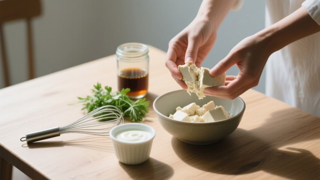 Mains émiettant du tofu ferme dans un bol avec yaourt végétal et herbes fraîches sur une table en bois