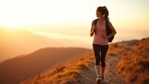 Course à pied et voyage : un métier qui fait rayonner 1 Femme en tenue de course sur un sentier de montagne au lever du soleil, ambiance de voyage et de liberté