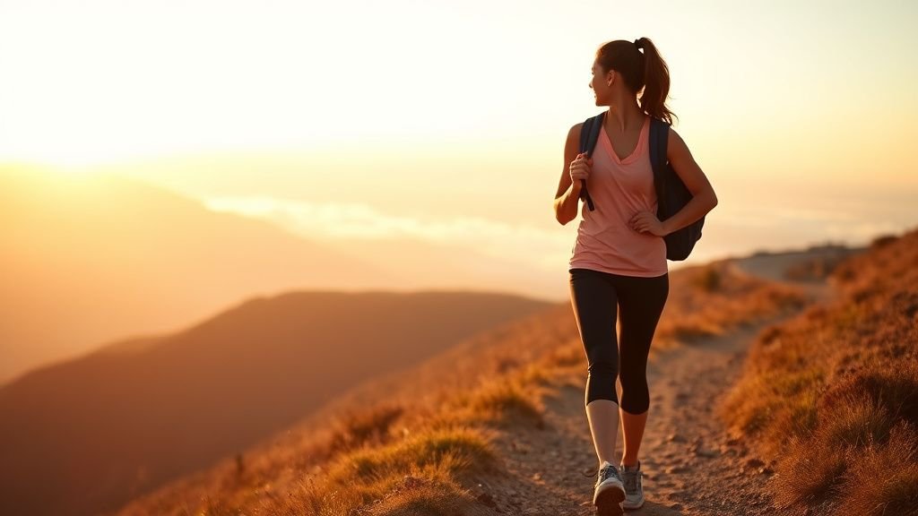 Femme en tenue de course sur un sentier de montagne au lever du soleil, ambiance de voyage et de liberté