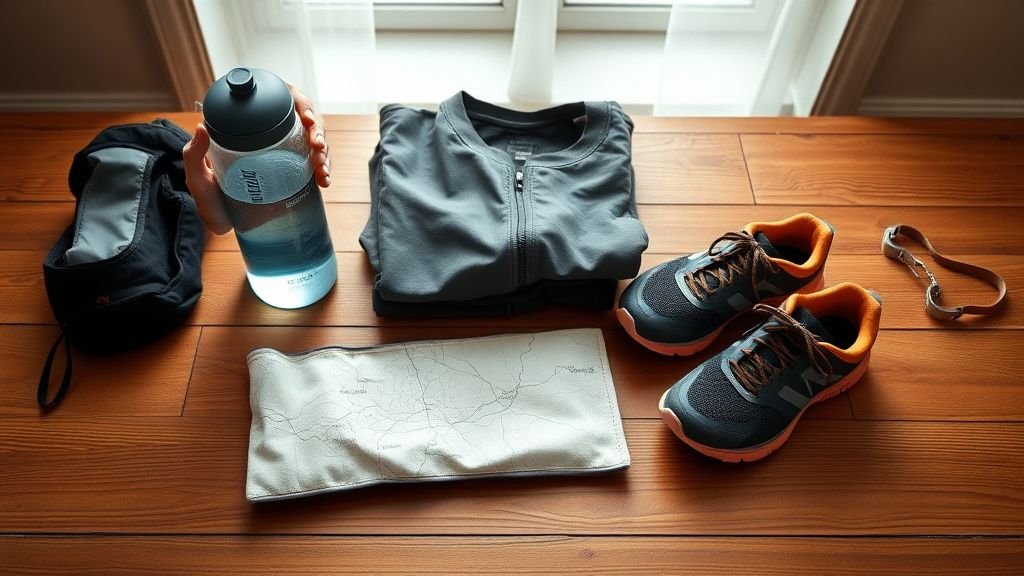 Mains préparant un kit de trail avec chaussures, vêtements pliés et gourde sur une table en bois