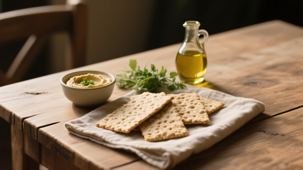 Crackers sans gluten maison au pois chiche servis avec houmous sur une table en bois