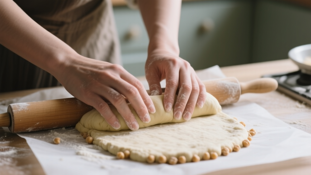 Mains étalant une pâte de pois chiche sur papier cuisson dans une cuisine lumineuse