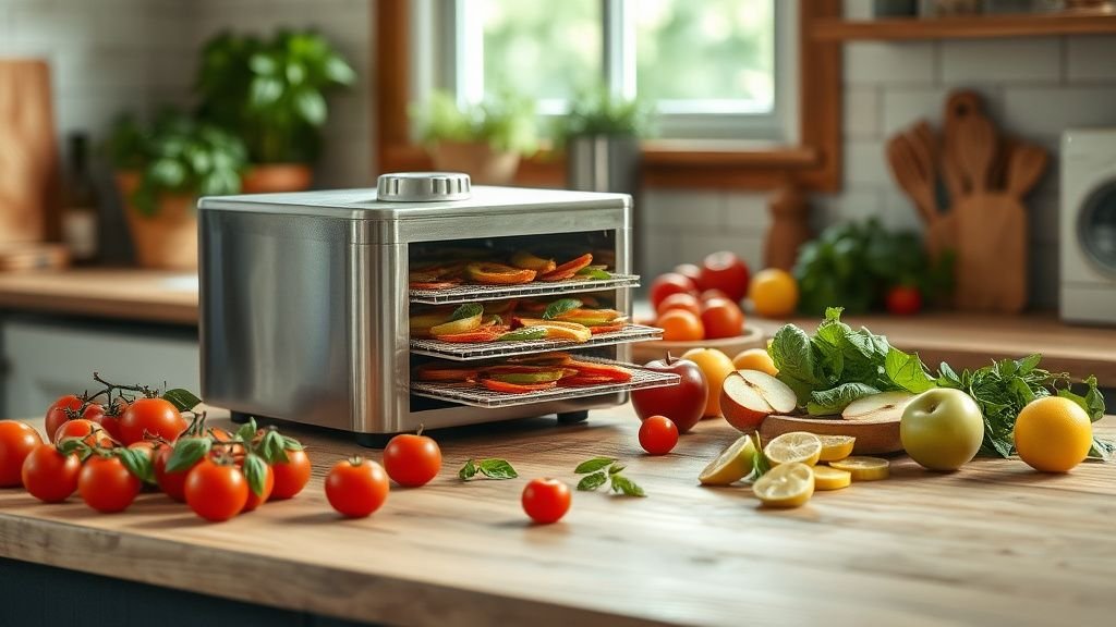 Déshydrateur sans plastique en inox sur un plan de travail avec tomates, pommes et herbes fraîches