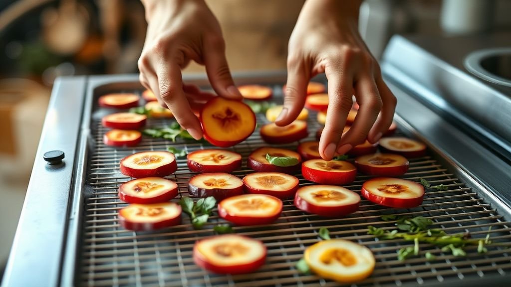 Mains disposant des fruits et des herbes sur des plateaux en inox d’un déshydrateur