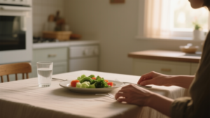 Erreur du dimanche soir : éviter le piège qui freine la semaine 1 Table de dîner du dimanche soir avec une assiette équilibrée, des légumes frais et une lumière douce à la maison
