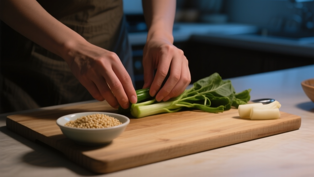 Mains préparant des légumes sur une planche en bois pour un dîner simple et équilibré