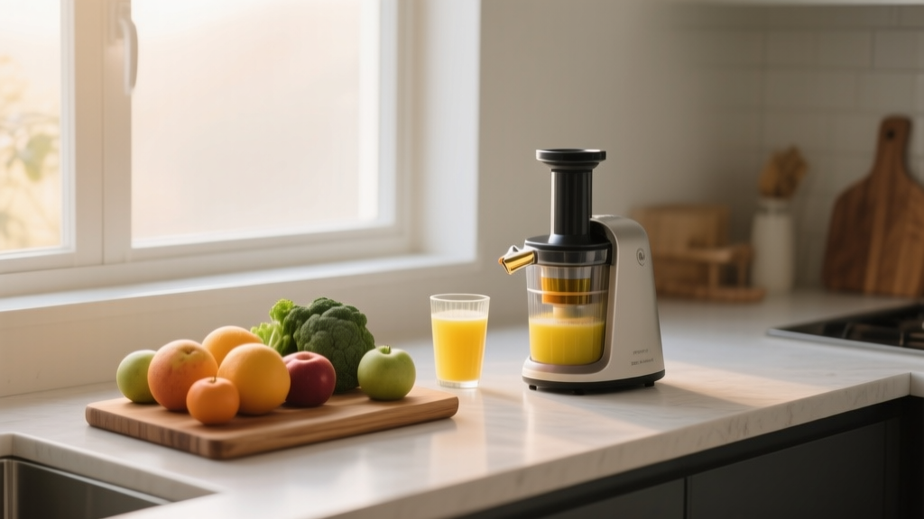 Extracteur de jus compact sur un plan de travail en bois avec fruits frais et verre de jus à la lumière du matin
