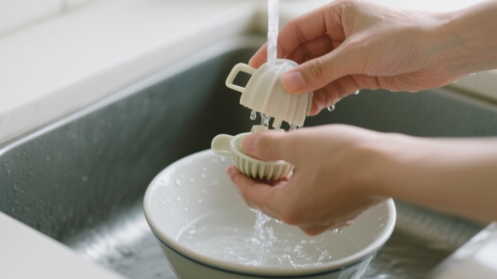Mains rinçant les pièces d’un extracteur de jus dans une cuisine lumineuse et épurée