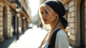 Foulard dans les cheveux : la coiffure chic de l’été 1 Femme coiffée d’un foulard noir dans les cheveux, look estival chic et lumineux en extérieur
