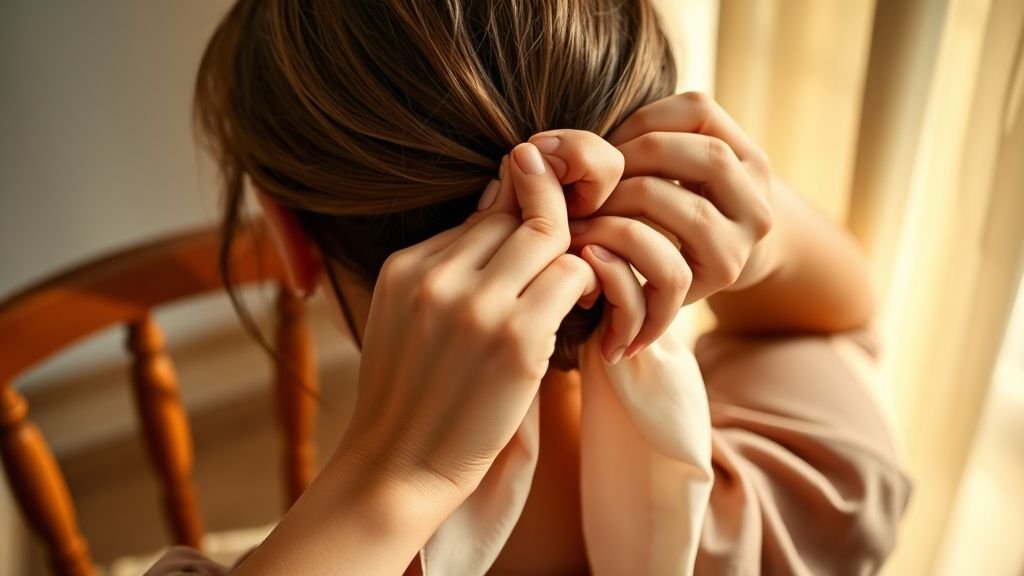 Foulard dans les cheveux : la coiffure chic de l’été 2 Mains nouant un foulard dans les cheveux sur fond lumineux, geste coiffure simple et pratique