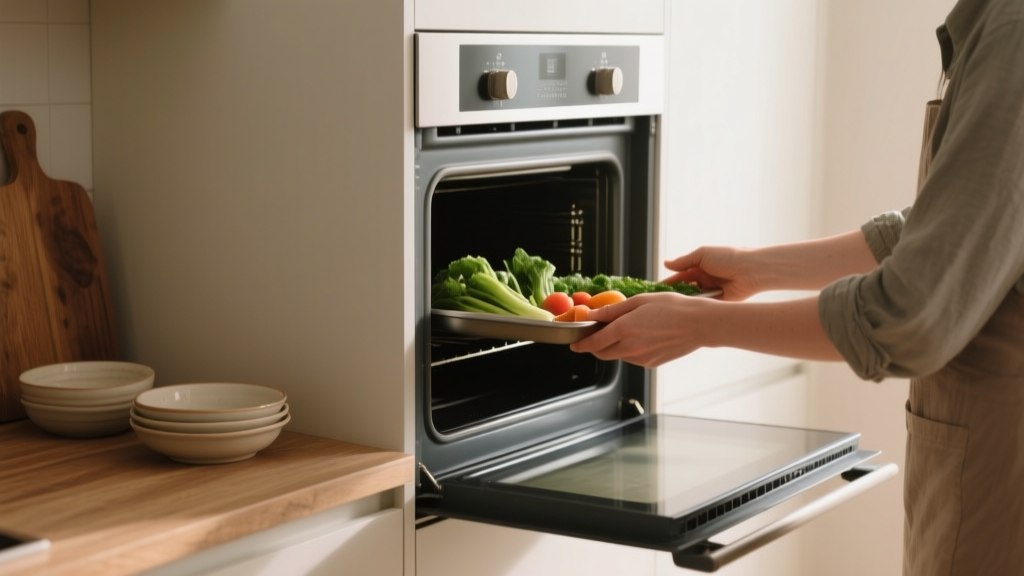 Mains plaçant des légumes sur une plaque dans un four encastrable moderne sous lumière naturelle