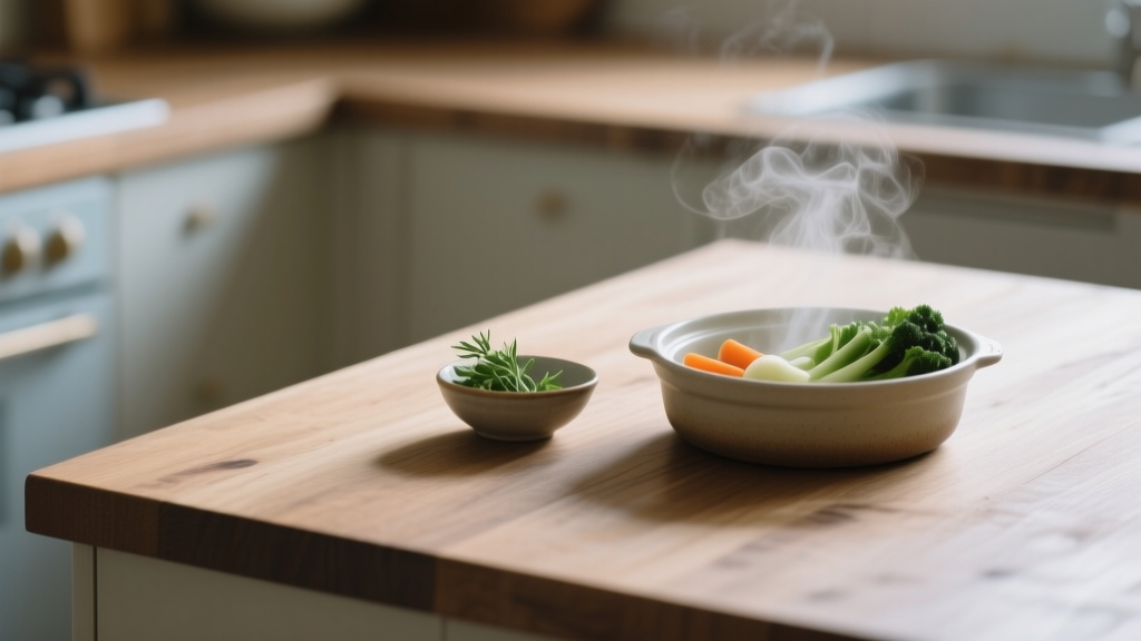 Légumes vapeur servis dans un plat en céramique sur un plan de travail en bois