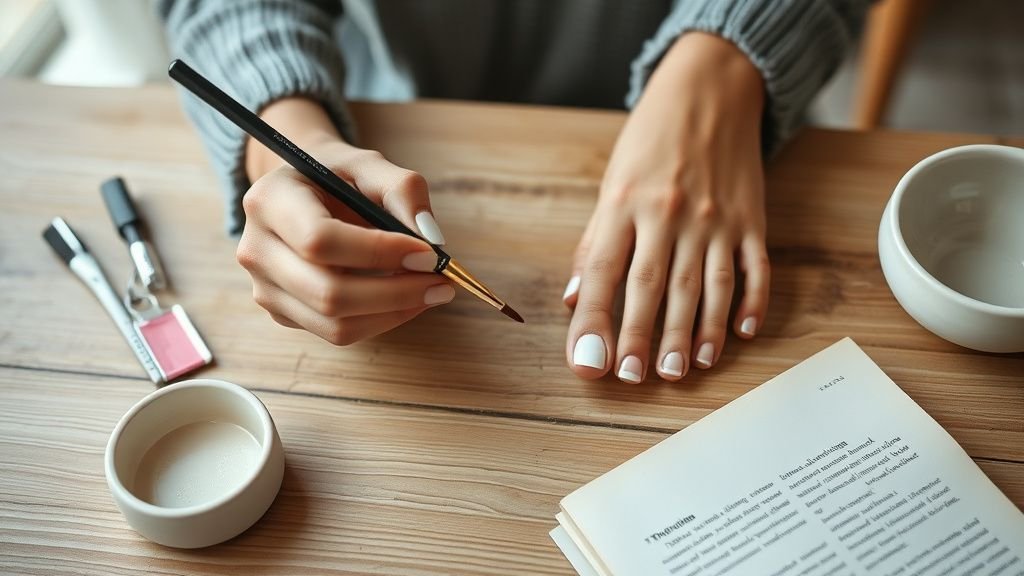 Mains appliquant une french pédicure sur les ongles de pieds à une table en bois sous lumière naturelle