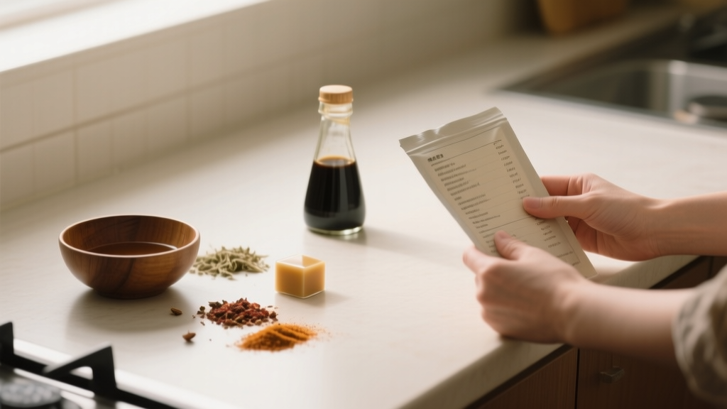 Main lisant une étiquette près d’épices, d’un bouillon et d’une bouteille de sauce soja dans une cuisine lumineuse
