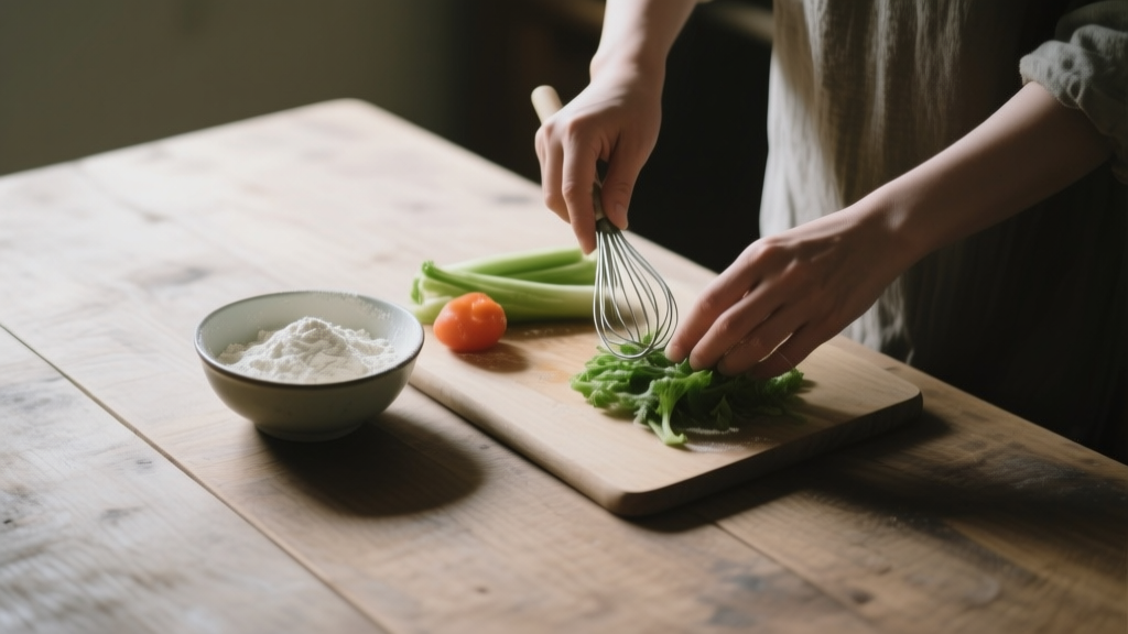 Mains préparant un repas simple avec légumes bruts et bol de farine sur un plan de travail en bois