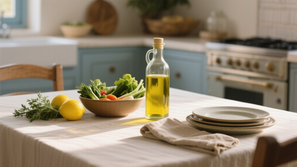 Table méditerranéenne avec huile d’olive, légumes frais et lumière naturelle dans une cuisine apaisante