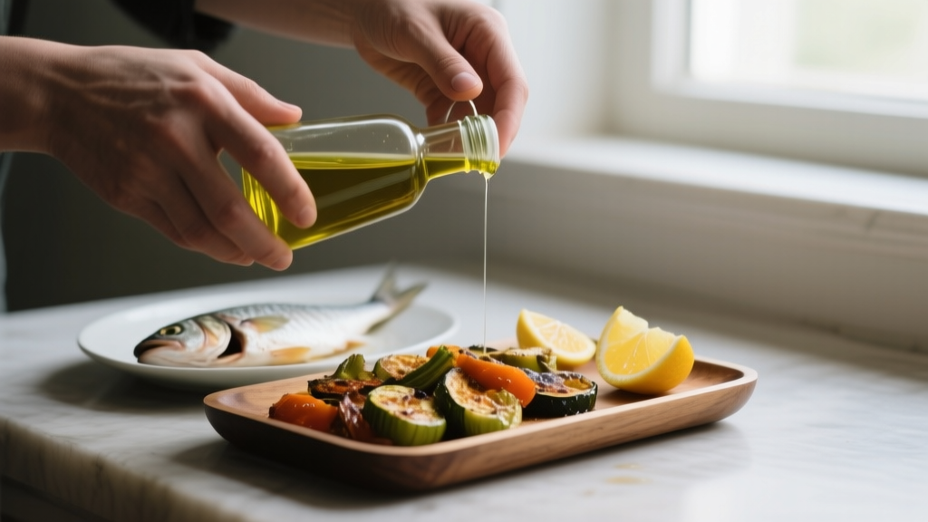 Mains versant de l’huile d’olive sur des légumes rôtis dans une cuisine baignée de lumière naturelle